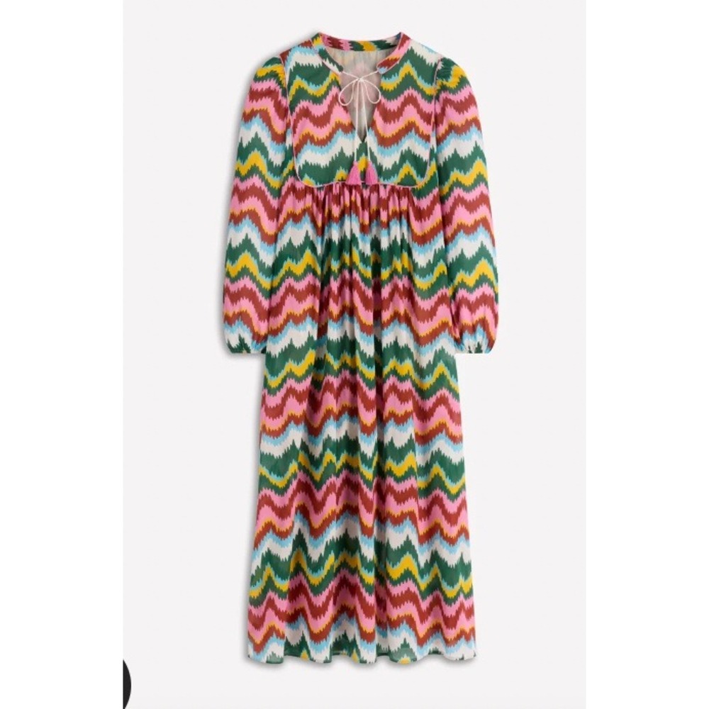Boden Chevron Zigzag Maxi Dress Pink Green Yellow Tassel Tie US 8R NEW - Picture 4 of 13